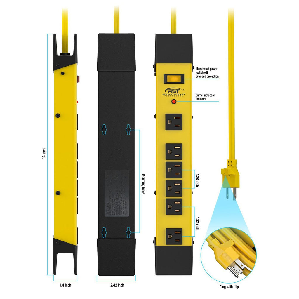 CRST Wide Spaced 6 Outlets Mountable Heavy Duty Metal Power Strip Surge Protector with Cord Wrapping Design, 15FT Power Cord-power strip-Grease Monkey Garage