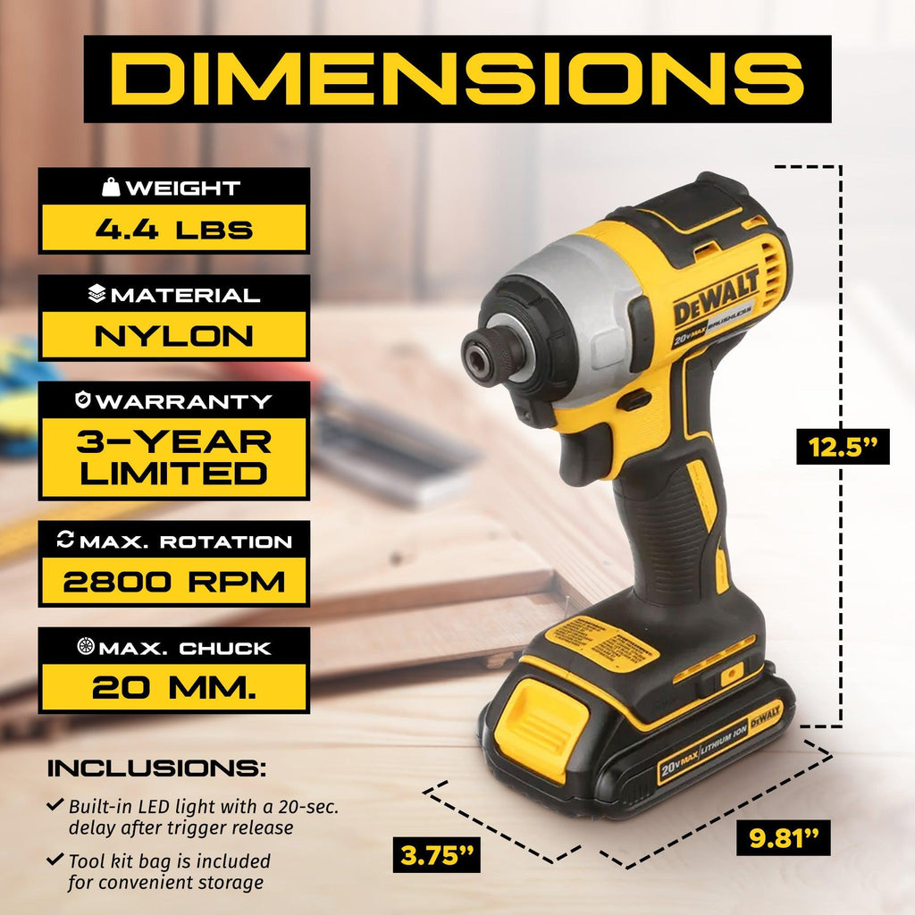 DeWalt 20V MAX Brushless Cordless Impact Driver Kit with Charger and Kit Bag-*Hardware | Tools | Drills | Handheld Power Drills-Grease Monkey Garage