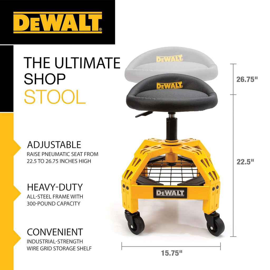 Dewalt Adjustable Shop Stool Heavy-Duty Padded Rolling Chair with Storage Rack-*Furniture | Chairs | Folding Chairs & Stools-Grease Monkey Garage