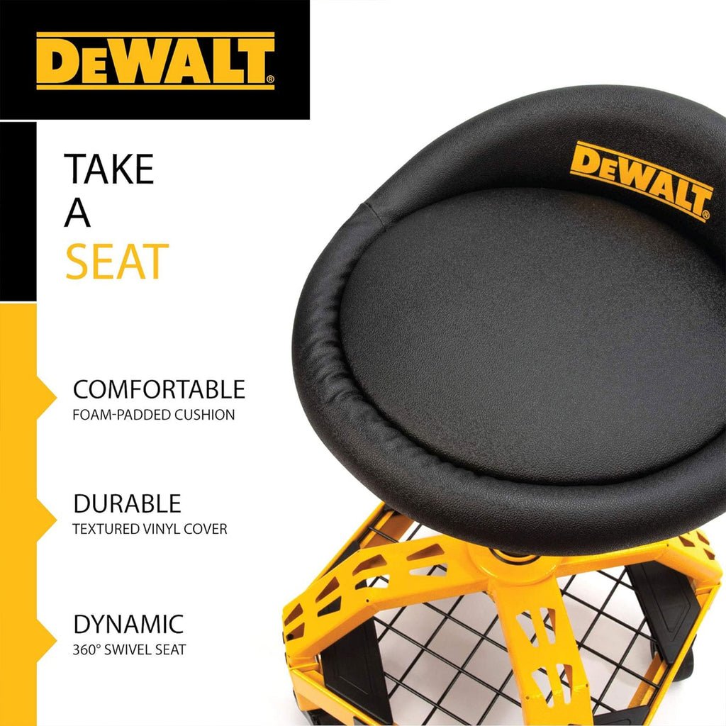 Dewalt Adjustable Shop Stool Heavy-Duty Padded Rolling Chair with Storage Rack-*Furniture | Chairs | Folding Chairs & Stools-Grease Monkey Garage