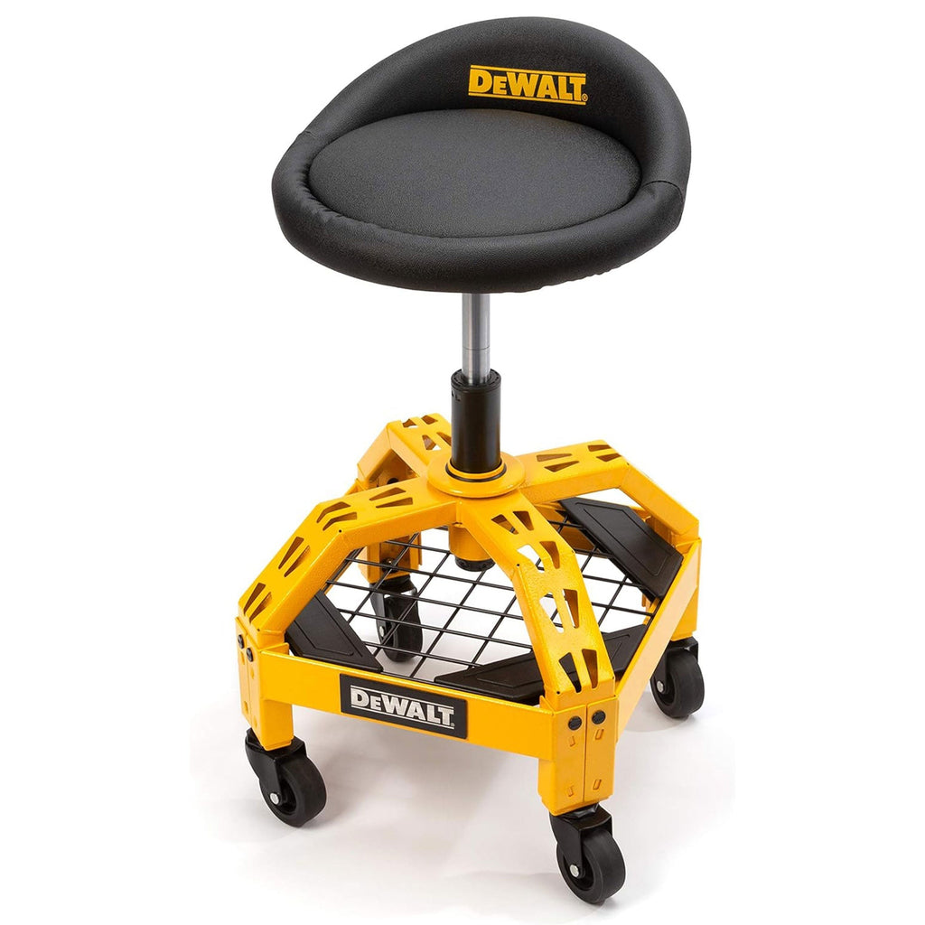 Dewalt Adjustable Shop Stool Heavy-Duty Padded Rolling Chair with Storage Rack-*Furniture | Chairs | Folding Chairs & Stools-Grease Monkey Garage