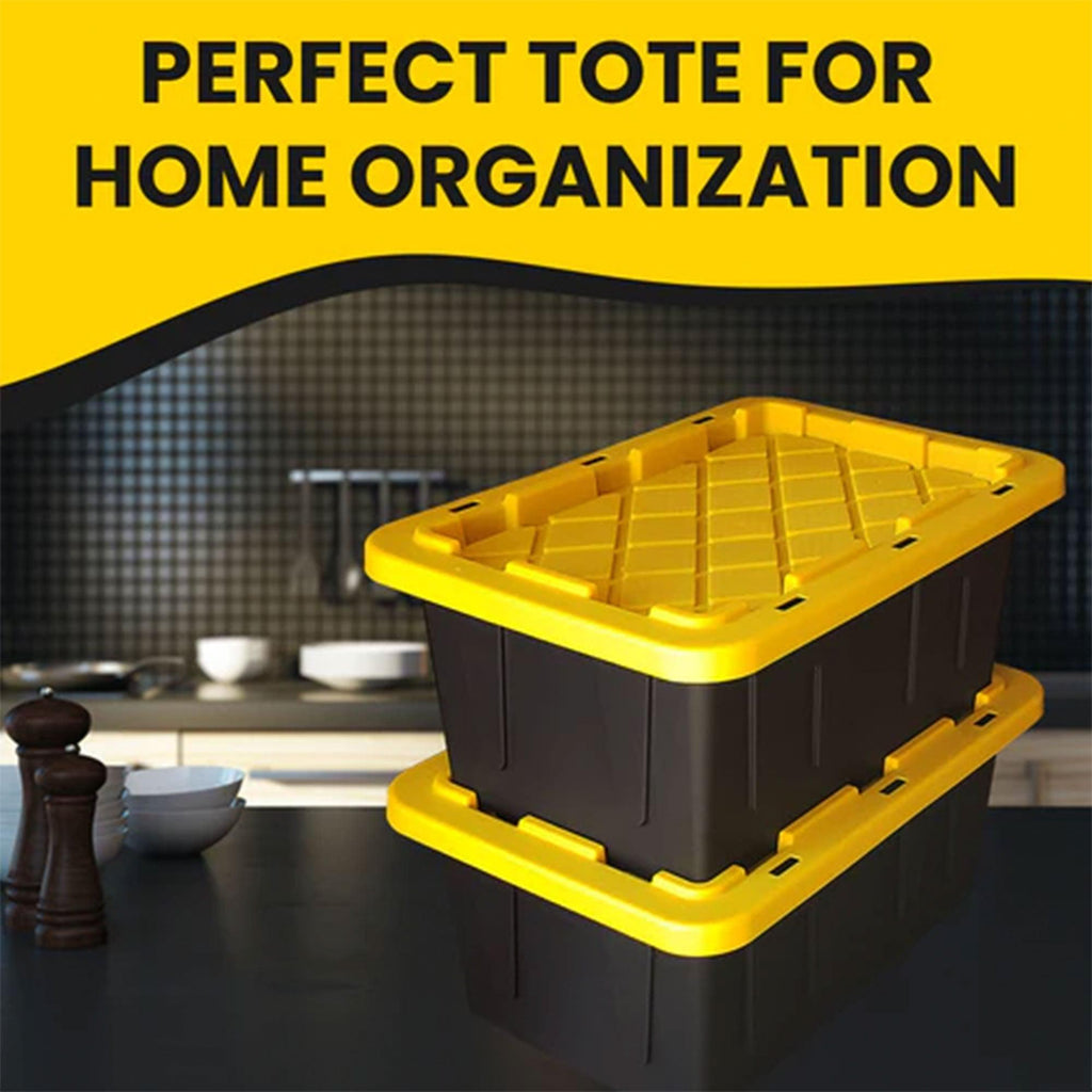 Juggernaut Storage 5 Gal Lockable Plastic Storage Tote, Black/Yellow (Set of 2)-Hardware | Hardware Accessories | Tool Storage & Organization | Tool Boxes-Grease Monkey Garage