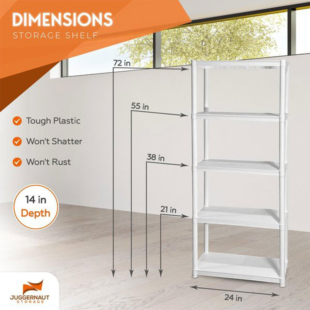 Juggernaut Storage 75.5" Plastic 5 Tier Garage/Shed Utility Shelving Rack, White-Furniture | Shelving | Bookcases & Standing Shelves-Grease Monkey Garage