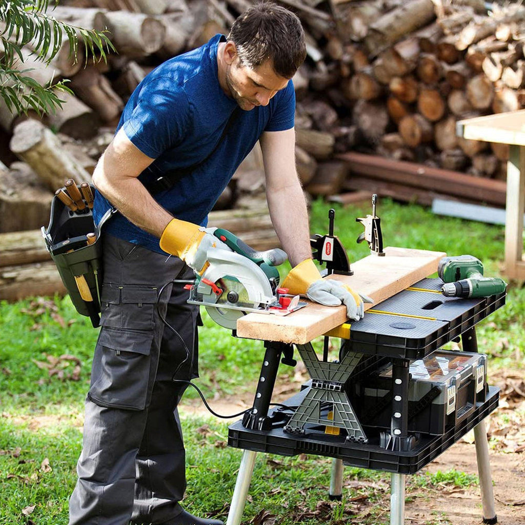 Keter Folding Portable Workbench Sawhorse w/12 In Clamps, Black/Yellow (2 Pack)-Hardware | Hardware Accessories | Tool Storage & Organization | Work Benches-Grease Monkey Garage