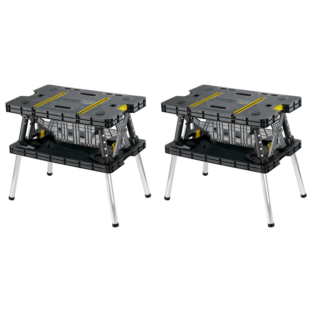 Keter Folding Portable Workbench Sawhorse w/12 In Clamps, Black/Yellow (2 Pack)-Hardware | Hardware Accessories | Tool Storage & Organization | Work Benches-Grease Monkey Garage