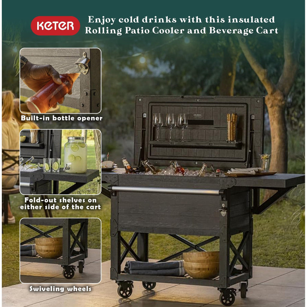 Keter Outdoor Patio Cooler Ice Chest, Insulated Beverage Bar Cart w/Wheels, Gray-*Furniture | Carts & Islands-Grease Monkey Garage