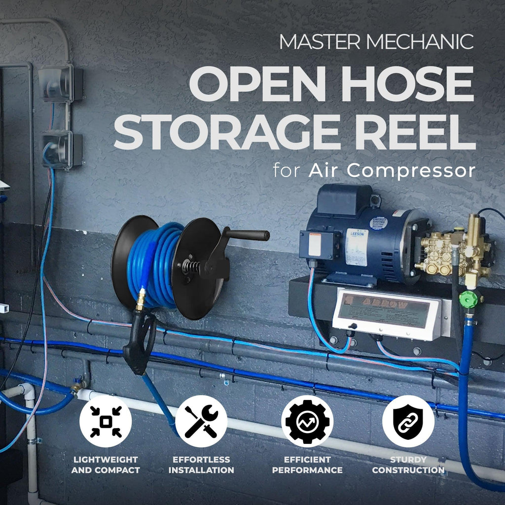 Master Mechanic 3/8" x 100' Steel Open Air Compressor Hose Storage Reel, Black-Hardware | Hardware Accessories | Tool Storage & Organization | Garden Hose Storage-Grease Monkey Garage