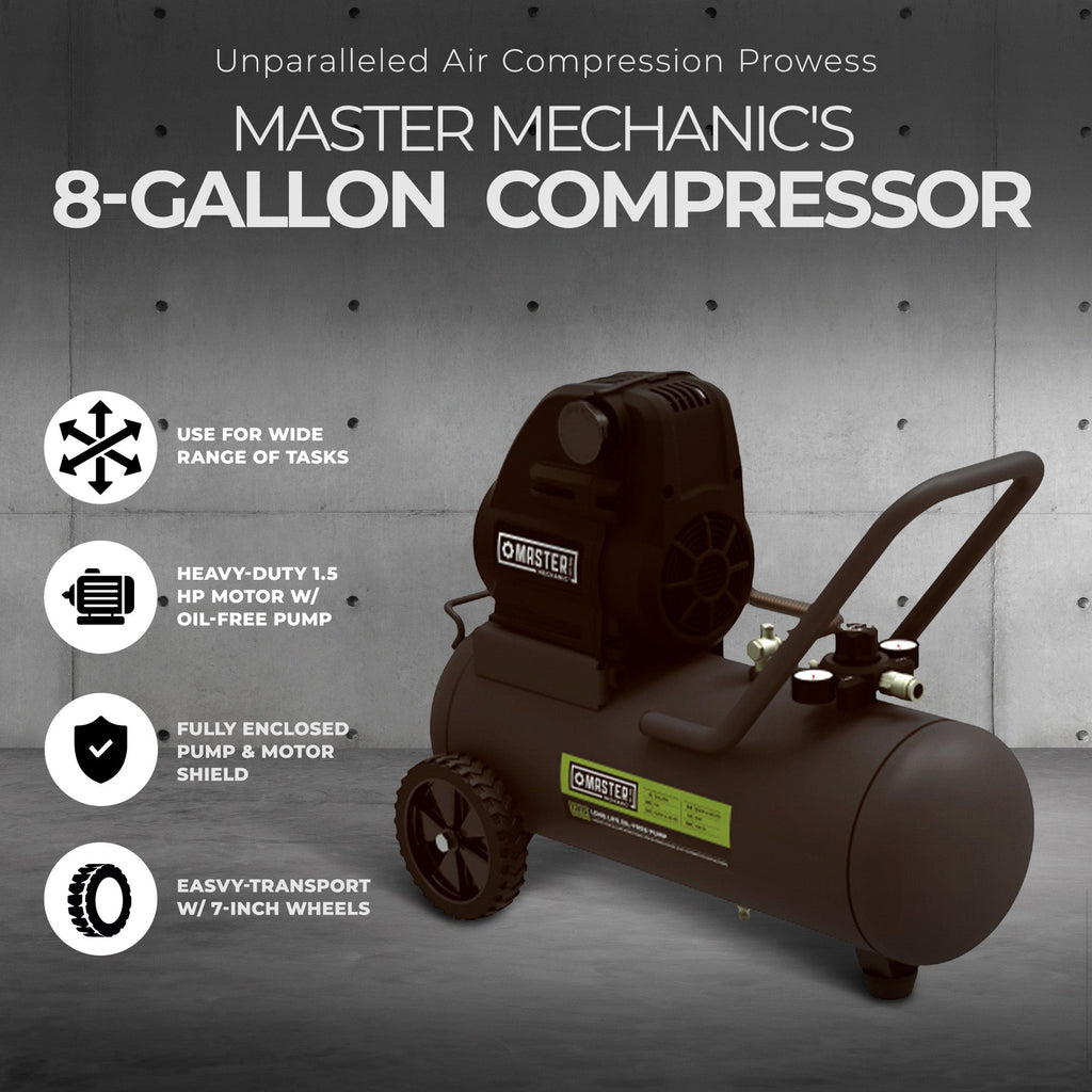 Master Mechanic 8 Gallon Portable Oil Free Air Compressor with Enclosed Motor-Hardware | Tools | Compressors-Grease Monkey Garage