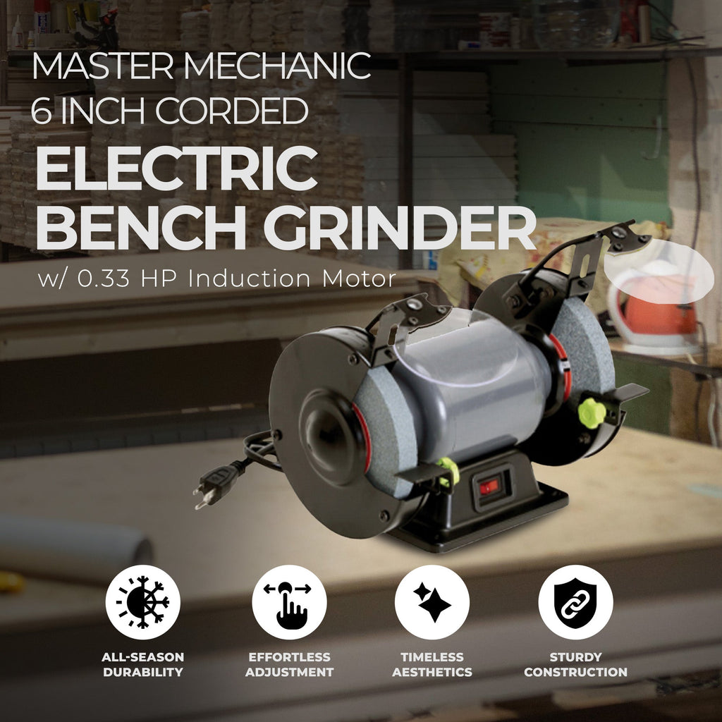 Master Mechanic Corded Electric 6 Inch Bench Grinder w/ 0.33 HP Induction Motor-*Hardware | Tools | Grinders-Grease Monkey Garage