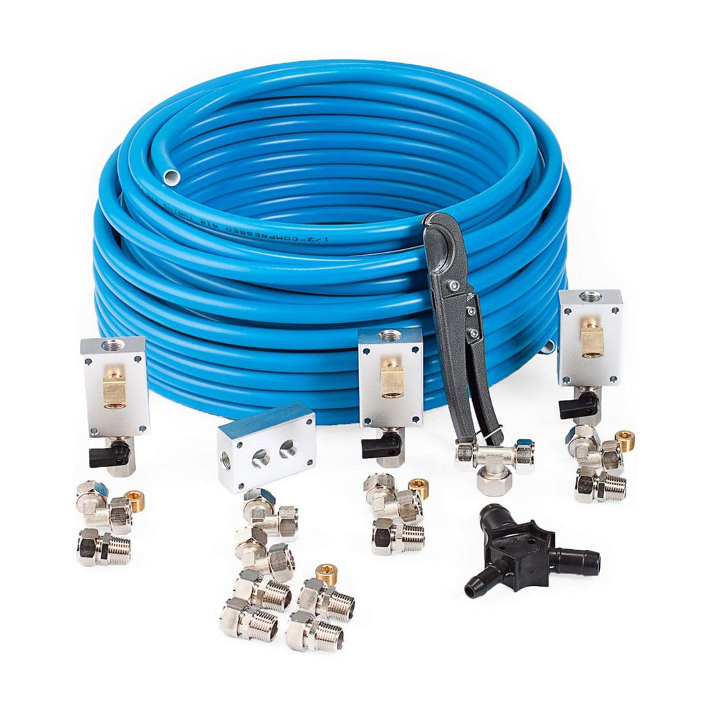 MaxLine 100 Foot 0.5 Inch Semi Flexible Compressed Air Tubing Master Kit, Blue-Hardware | Tools | Compressors-Grease Monkey Garage