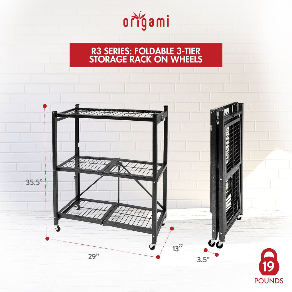 Origami 3 Tier Folding Shelf Garage Shelves Heavy Duty Shelving with Wheels-Furniture | Shelving | Bookcases & Standing Shelves-Grease Monkey Garage