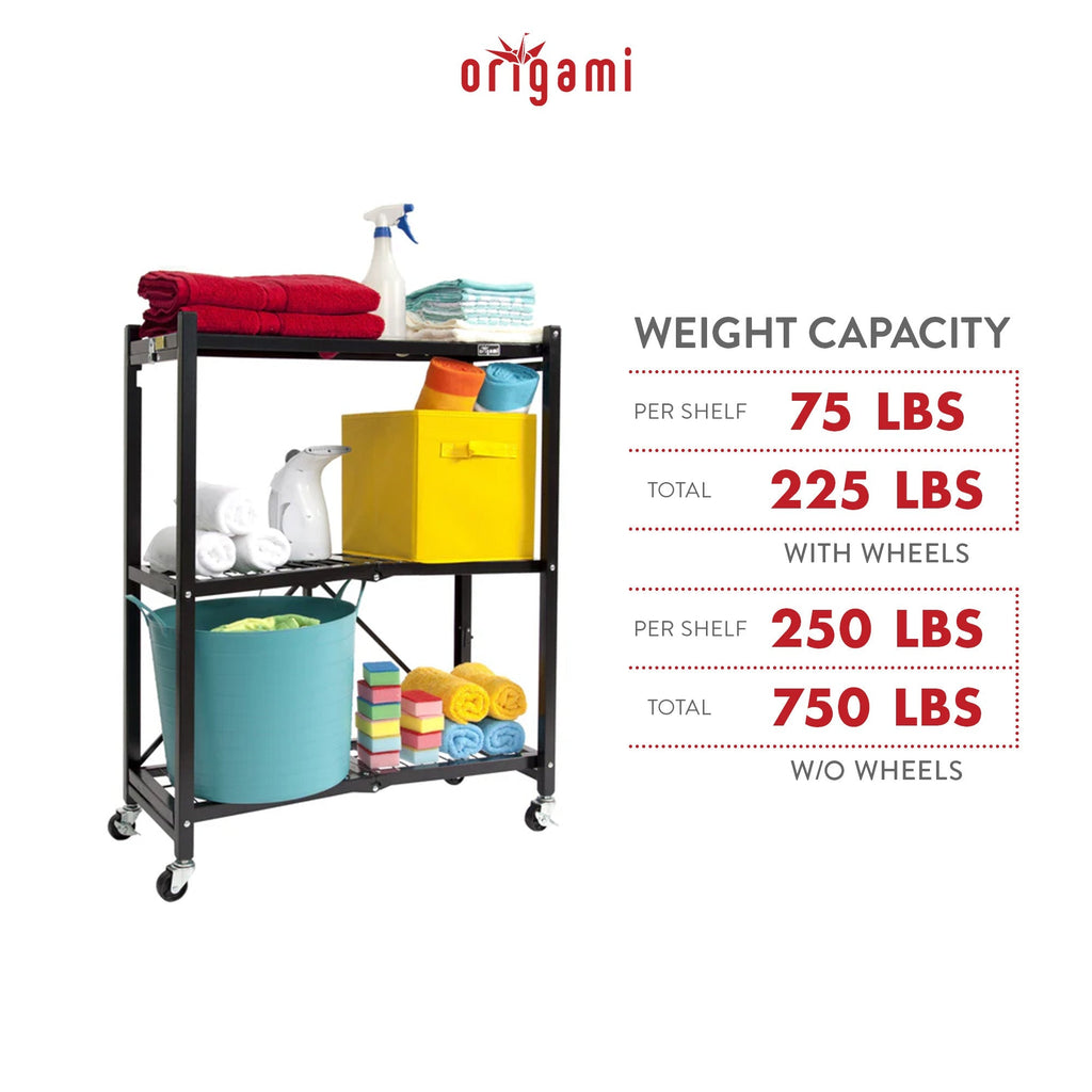 Origami 3 Tier Folding Shelf Garage Shelves Heavy Duty Shelving with Wheels-Furniture | Shelving | Bookcases & Standing Shelves-Grease Monkey Garage