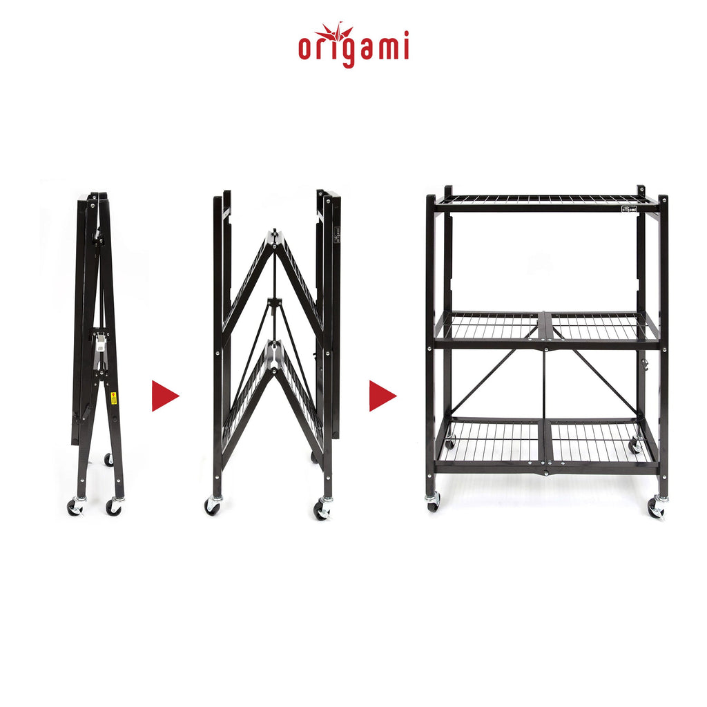 Origami 3 Tier Folding Shelf Garage Shelves Heavy Duty Shelving with Wheels-Furniture | Shelving | Bookcases & Standing Shelves-Grease Monkey Garage