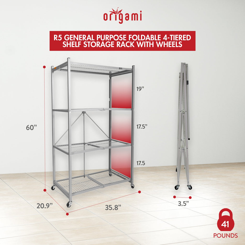 Origami 4 Tier Foldable Heavy Duty Garage Shelving with Wheels for Organization-Furniture | Shelving | Bookcases & Standing Shelves-Grease Monkey Garage