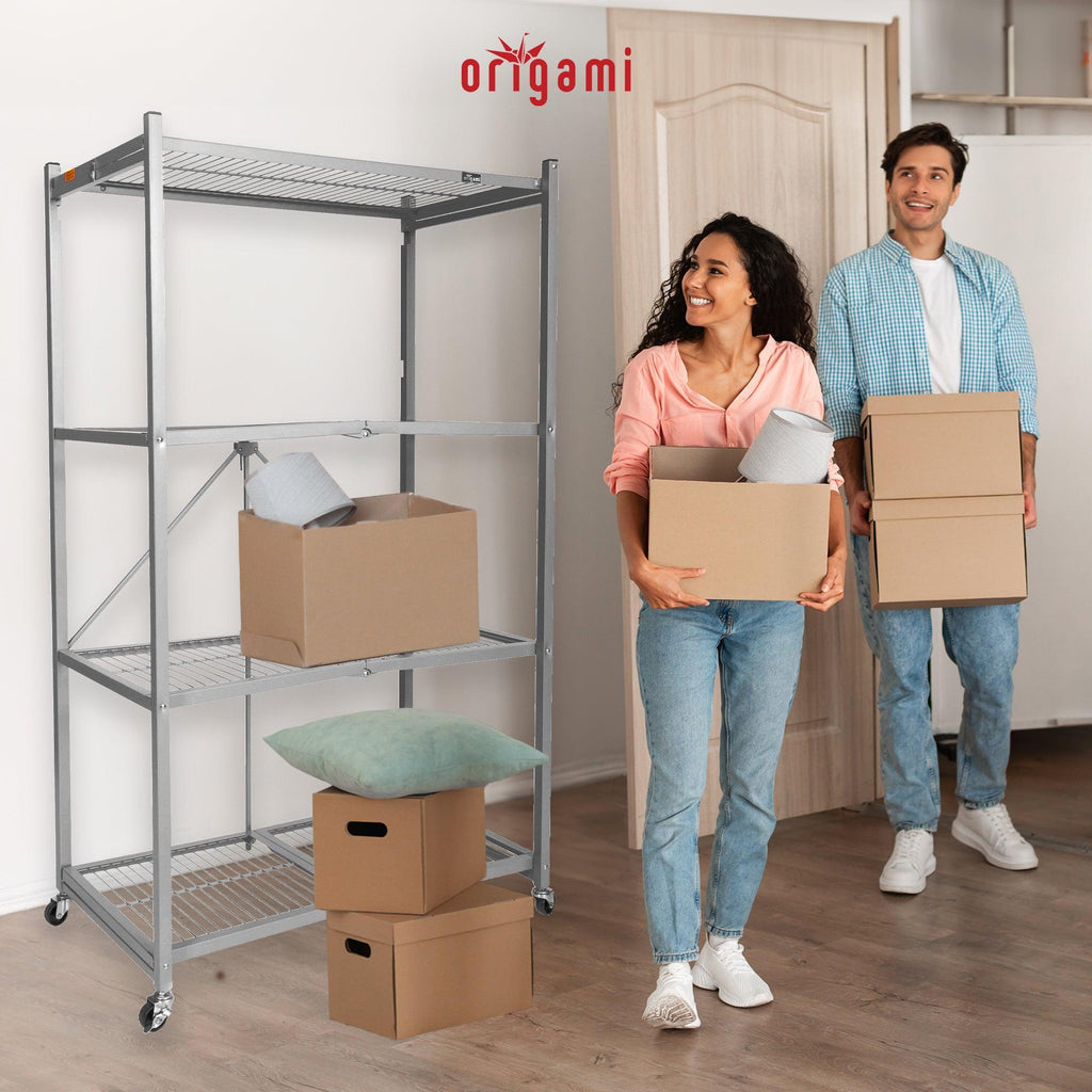 Origami 4 Tier Foldable Heavy Duty Garage Shelving with Wheels for Organization-Furniture | Shelving | Bookcases & Standing Shelves-Grease Monkey Garage