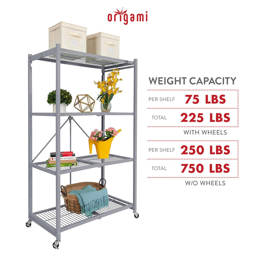 Origami 4 Tier Foldable Heavy Duty Garage Shelving with Wheels for Organization-Furniture | Shelving | Bookcases & Standing Shelves-Grease Monkey Garage