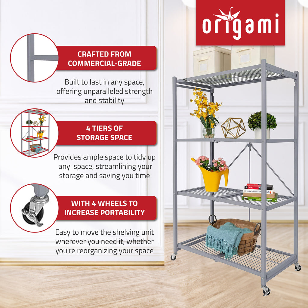 Origami 4 Tier Foldable Heavy Duty Garage Shelving with Wheels for Organization-Furniture | Shelving | Bookcases & Standing Shelves-Grease Monkey Garage