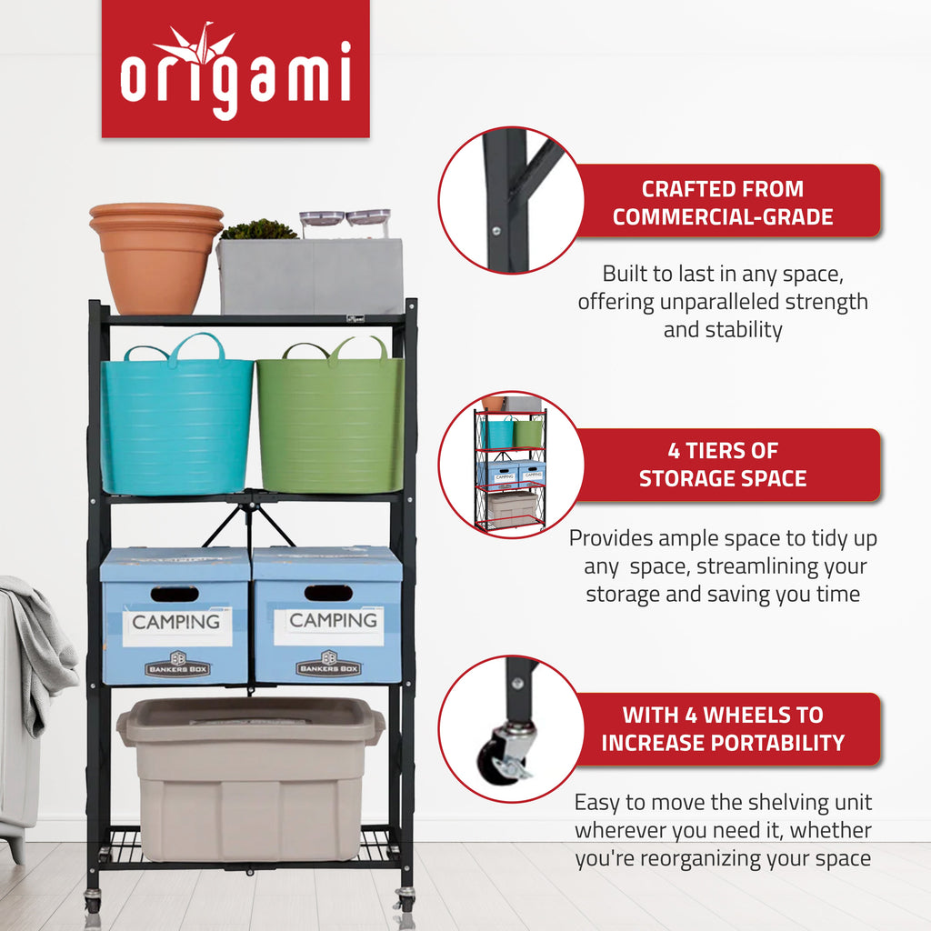 Origami 4 Tier Folding Shelf Garage Shelves Heavy Duty Shelving with Wheels-*Furniture | Shelving | Bookcases & Standing Shelves-Grease Monkey Garage