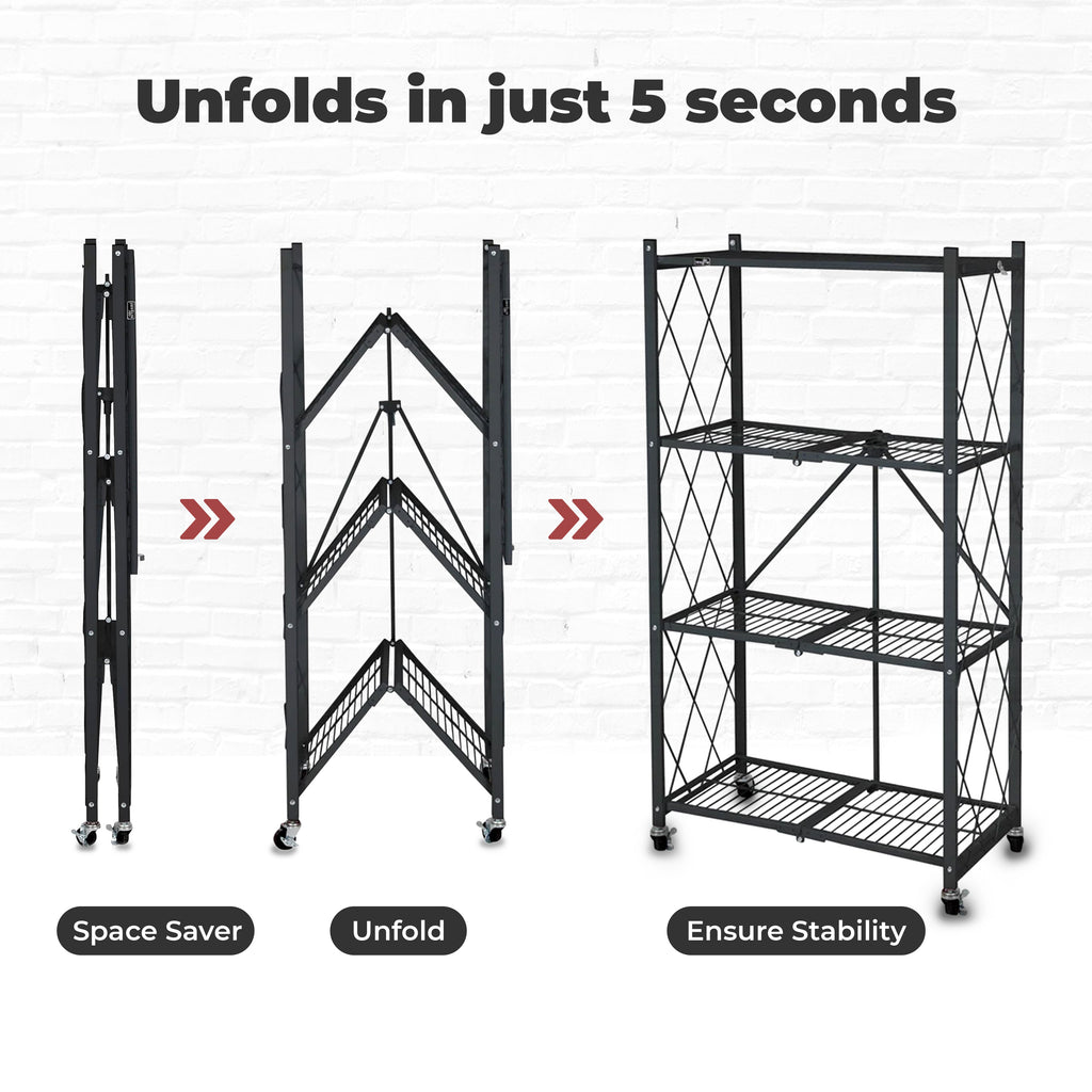 Origami 4 Tier Folding Shelf Garage Shelves Heavy Duty Shelving with Wheels-*Furniture | Shelving | Bookcases & Standing Shelves-Grease Monkey Garage