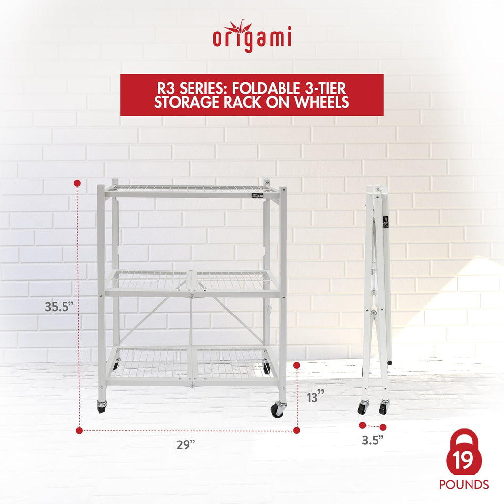 Origami R3 3 Tier Heavy Duty Foldable Rolling Garage Shelving with Wheels, White-*Furniture | Cabinets & Storage | Media Storage Cabinets & Racks-Grease Monkey Garage