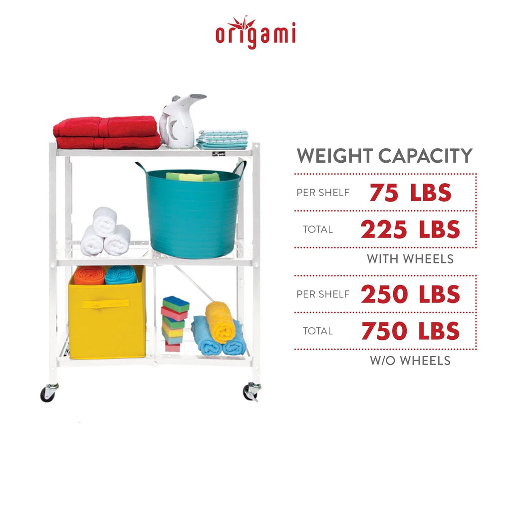 Origami R3 3 Tier Heavy Duty Foldable Rolling Garage Shelving with Wheels, White-*Furniture | Cabinets & Storage | Media Storage Cabinets & Racks-Grease Monkey Garage