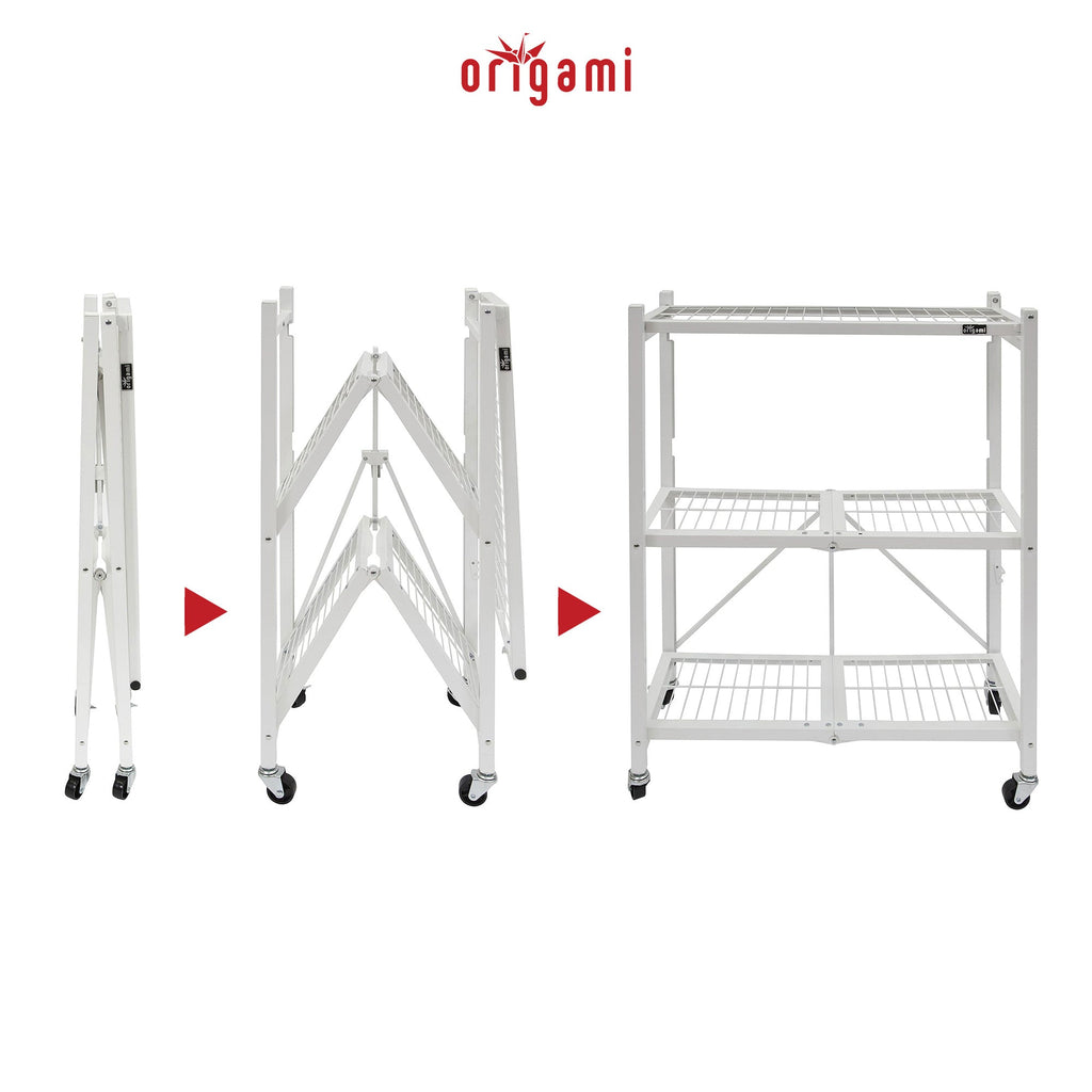 Origami R3 3 Tier Heavy Duty Foldable Rolling Garage Shelving with Wheels, White-*Furniture | Cabinets & Storage | Media Storage Cabinets & Racks-Grease Monkey Garage