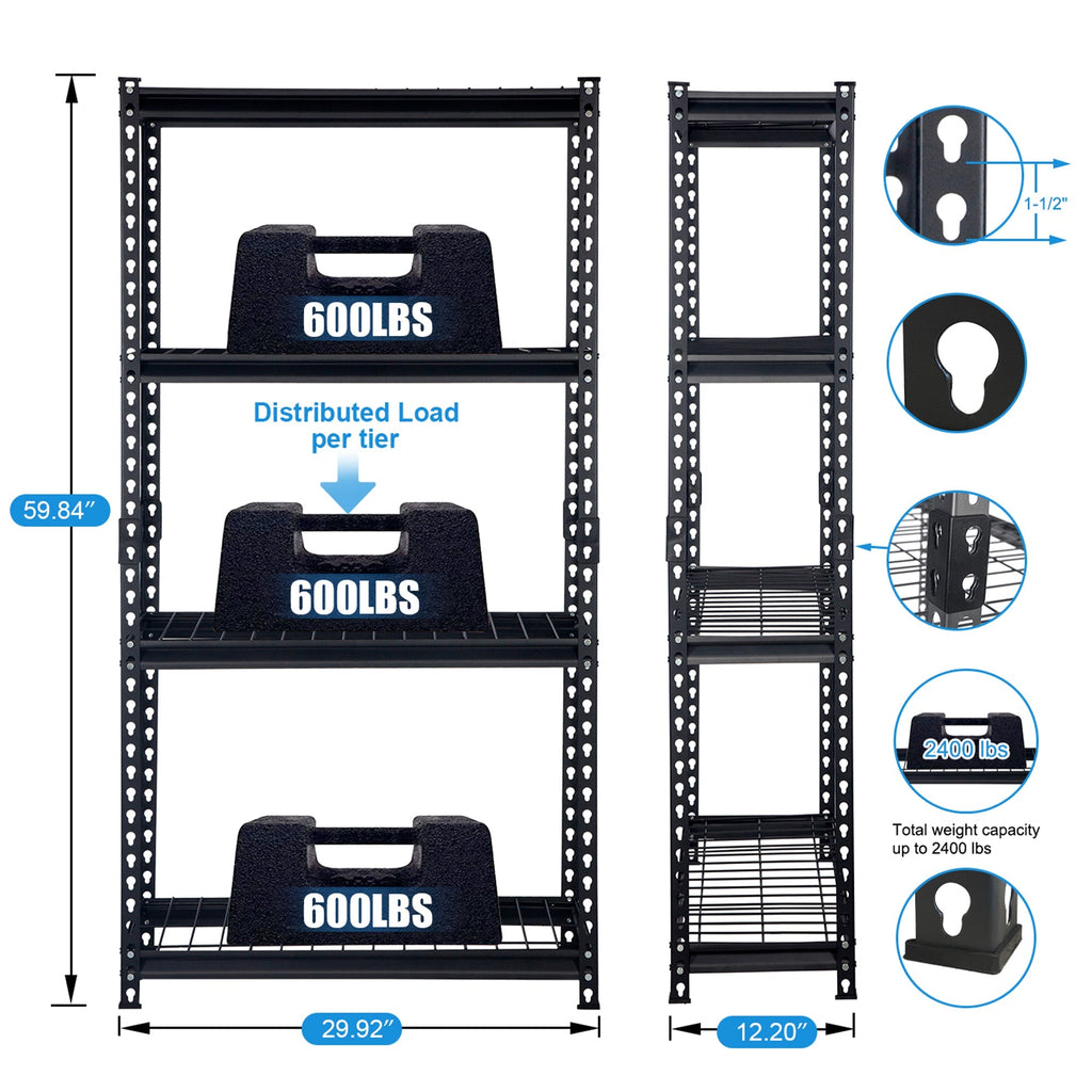 Pachira 30"W x 60"H 4 Shelf Steel Shelving for Home and Office Organizing, Black-Furniture | Shelving | Bookcases & Standing Shelves-Grease Monkey Garage