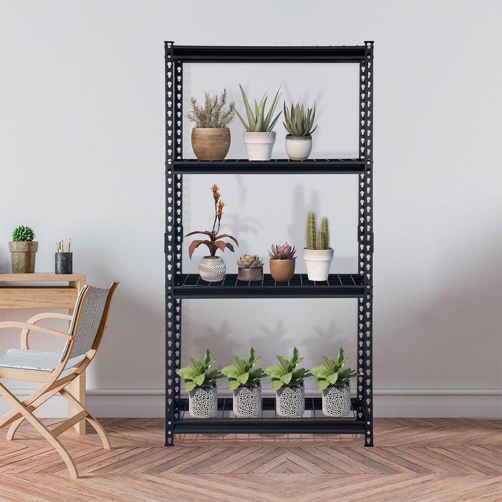 Pachira 30"W x 60"H 4 Shelf Steel Shelving for Home and Office Organizing, Black-Furniture | Shelving | Bookcases & Standing Shelves-Grease Monkey Garage