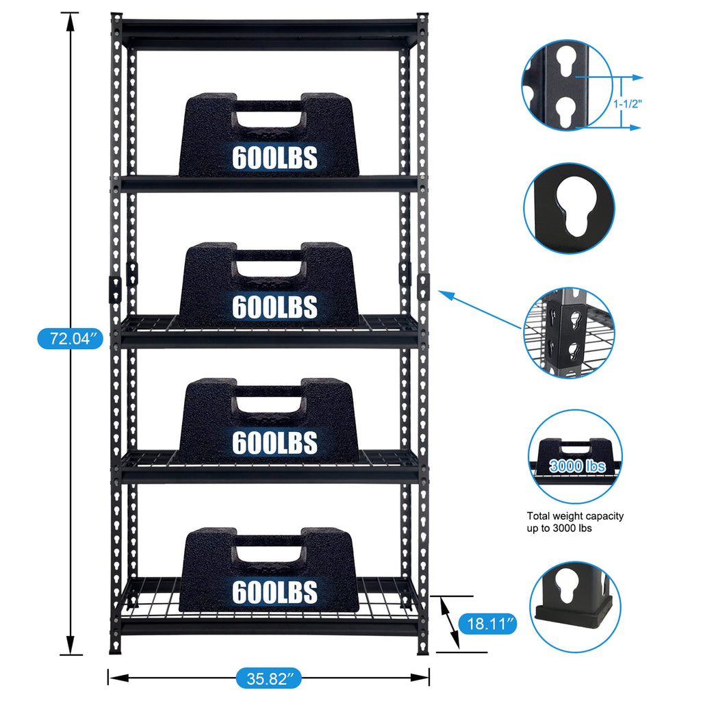 Pachira 36"W x 72"H 5 Shelf Steel Shelving for Home and Office Organizing, Black-*Furniture | Shelving | Bookcases & Standing Shelves-Grease Monkey Garage