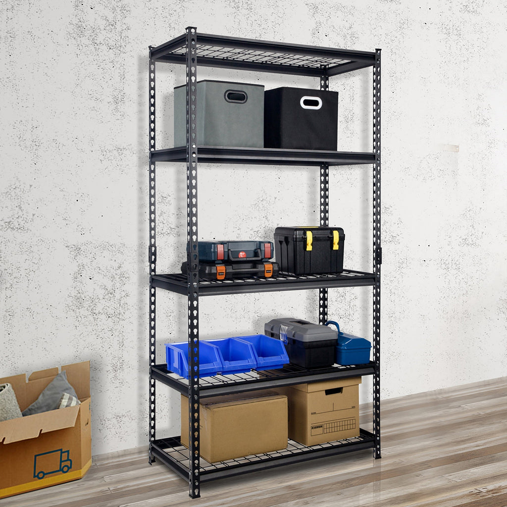 Pachira 36"W x 72"H 5 Shelf Steel Shelving for Home and Office Organizing, Black-*Furniture | Shelving | Bookcases & Standing Shelves-Grease Monkey Garage