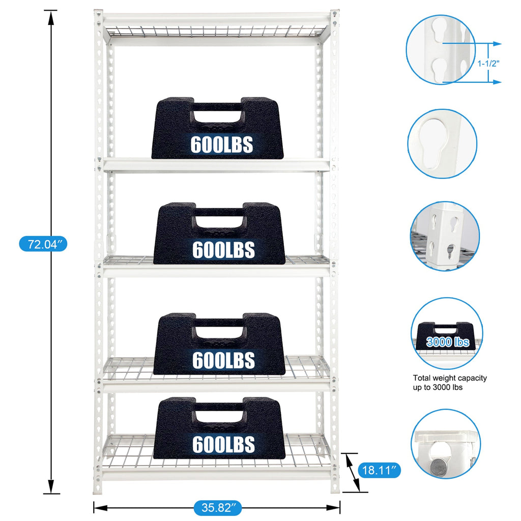 Pachira 36"W x 72"H 5 Shelf Steel Shelving for Home and Office Organizing, White-*Business&Industrial | Industrial Storage | Industrial Shelving-Grease Monkey Garage