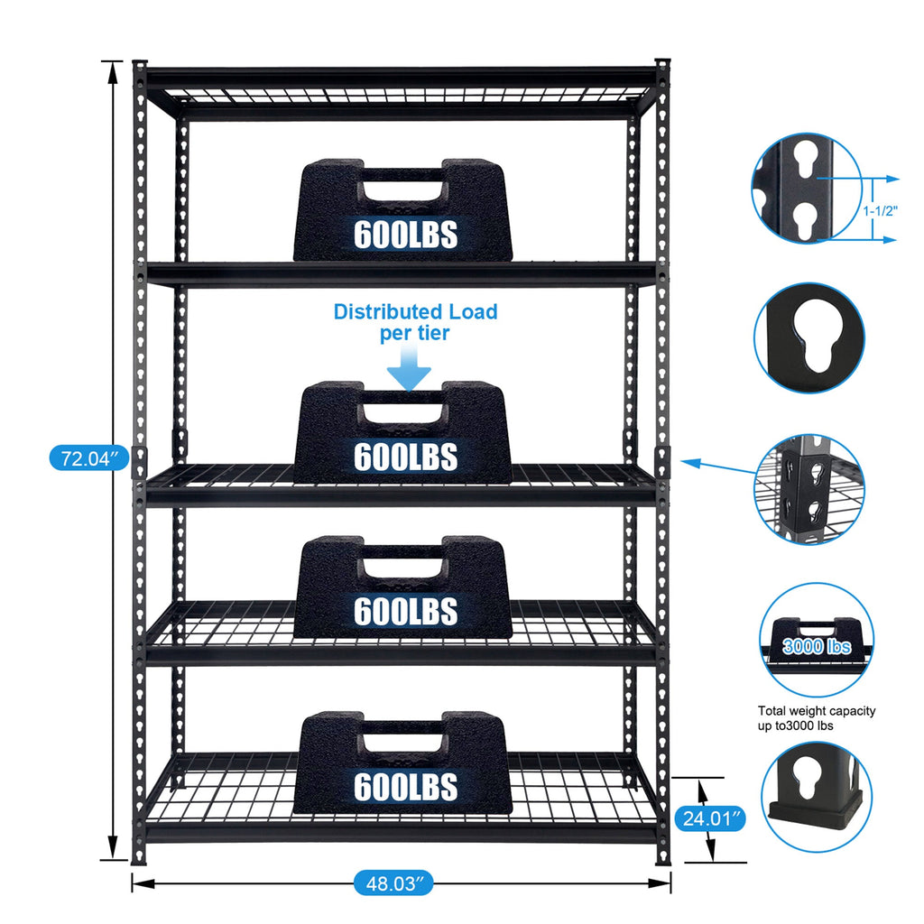 Pachira 48"W x 72"H 5 Shelf Steel Shelving for Home and Office Organizing, Black-*Business&Industrial | Industrial Storage | Industrial Shelving-Grease Monkey Garage