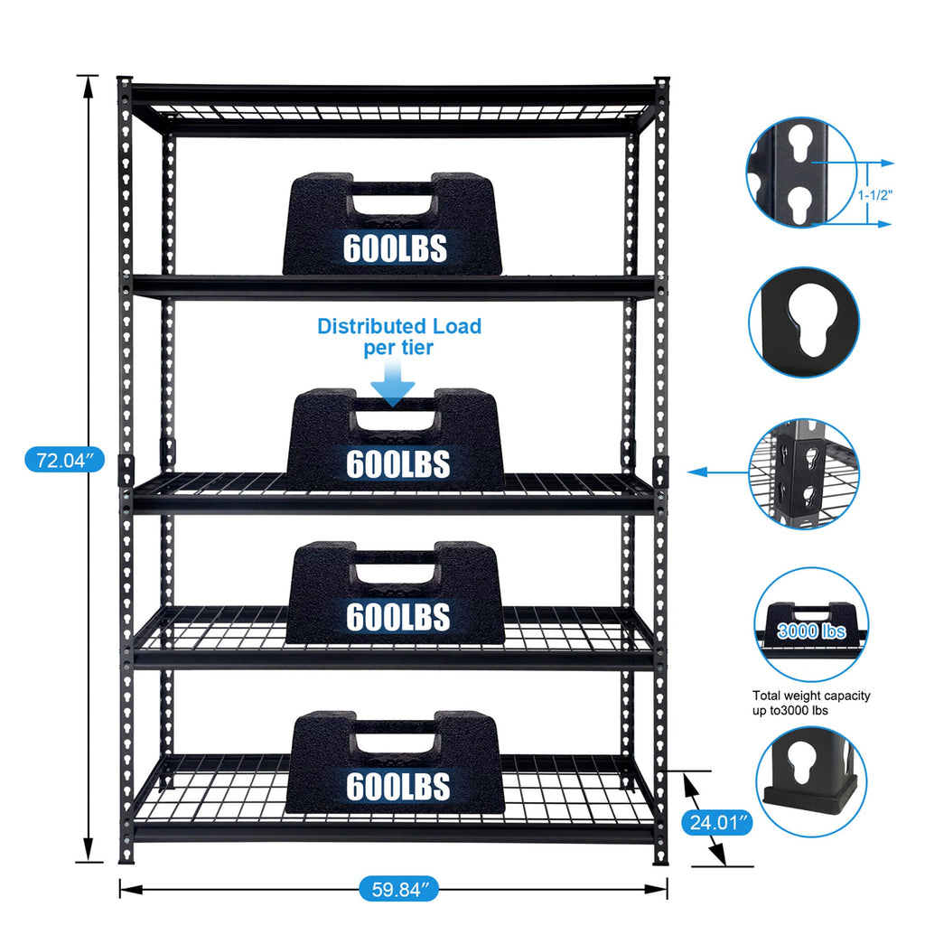 Pachira 60"W x 72"H 5 Shelf Steel Shelving for Home and Office Organizing, Black-*Business&Industrial | Industrial Storage | Industrial Shelving-Grease Monkey Garage