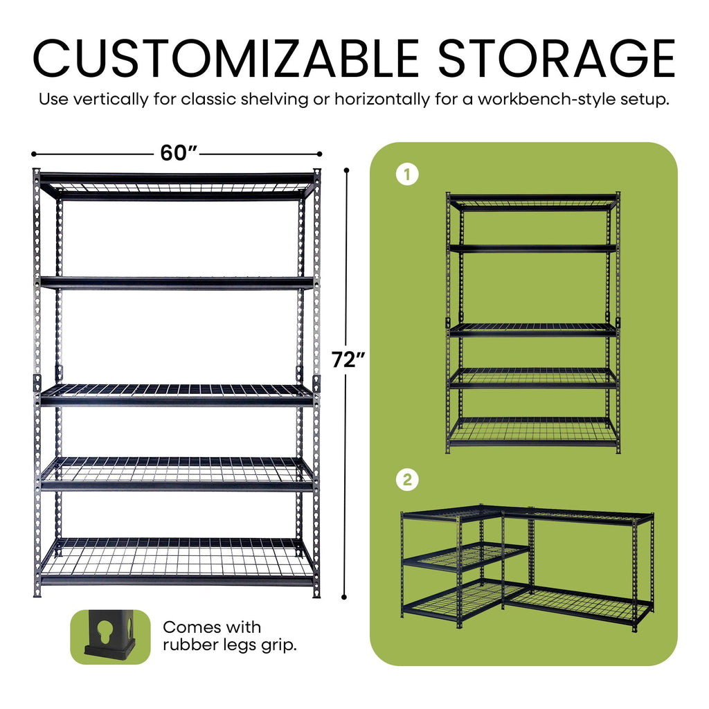 Pachira 60"W x 72"H 5 Shelf Steel Shelving for Home and Office Organizing, Black-*Business&Industrial | Industrial Storage | Industrial Shelving-Grease Monkey Garage