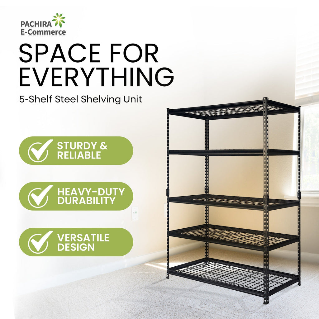 Pachira 60"W x 72"H 5 Shelf Steel Shelving for Home and Office Organizing, Black-*Business&Industrial | Industrial Storage | Industrial Shelving-Grease Monkey Garage