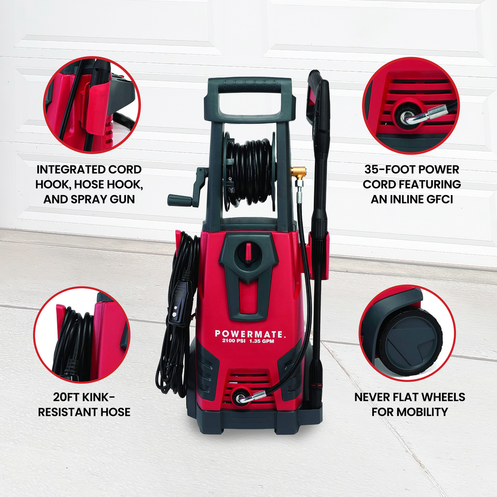 Powermate 2100 PSI Cold Water Electric Pressure Washer with Onboard Storage, Red-*Home&Garden | Lawn & Garden | Outdoor Power Equipment | Pressure Washers-Grease Monkey Garage