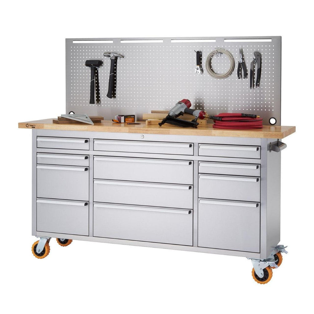 Professional Stainless Steel Rolling Workbench with Pegboard 72" x 19"-Grease Monkey Garage