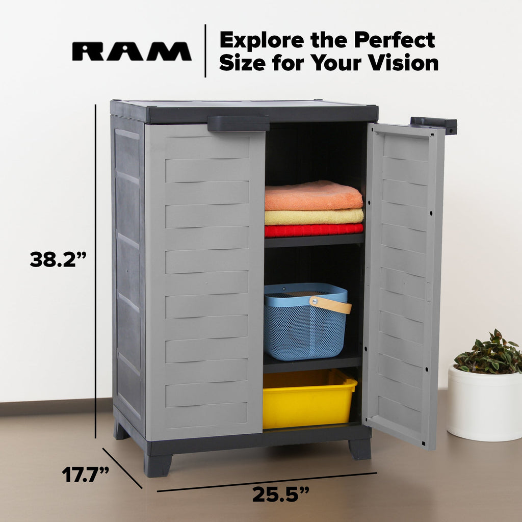 RAM Quality Products PREMIUM Utility 2 Shelf Lockable Storage Cabinet, Gray-Furniture | Cabinets & Storage | Storage Cabinets & Lockers-Grease Monkey Garage