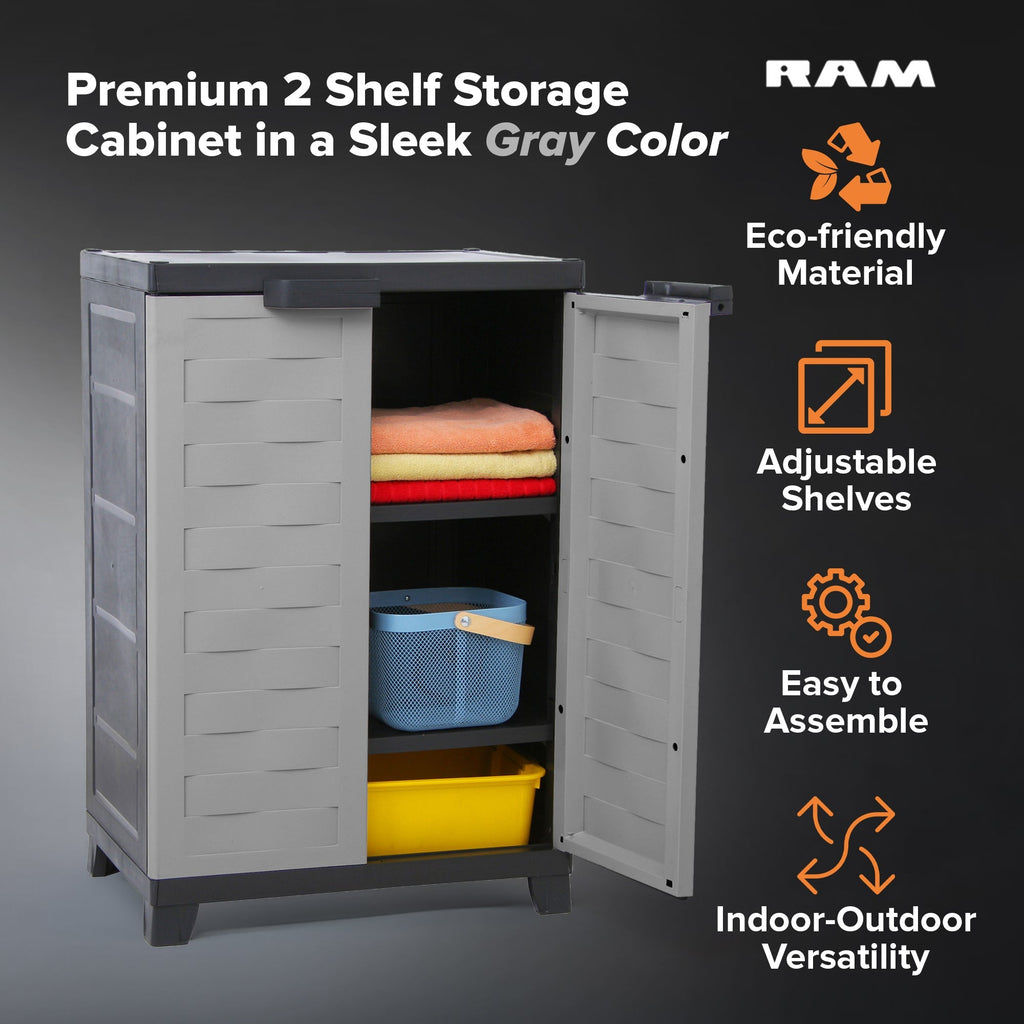 RAM Quality Products PREMIUM Utility 2 Shelf Lockable Storage Cabinet, Gray-Furniture | Cabinets & Storage | Storage Cabinets & Lockers-Grease Monkey Garage