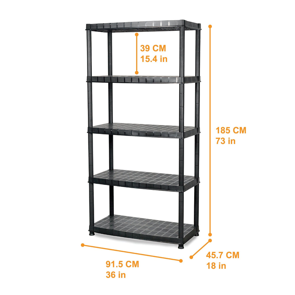 Ram Quality Products Deluxe 5 Tier Plastic Garage Storage Shelf Unit, Black-Furniture | Shelving | Bookcases & Standing Shelves-Grease Monkey Garage