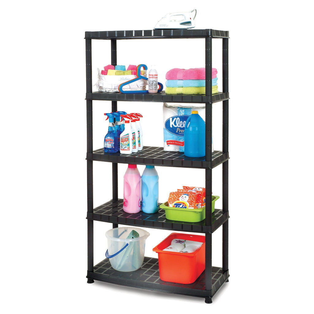 Ram Quality Products Deluxe 5 Tier Plastic Garage Storage Shelf Unit, Black-Furniture | Shelving | Bookcases & Standing Shelves-Grease Monkey Garage