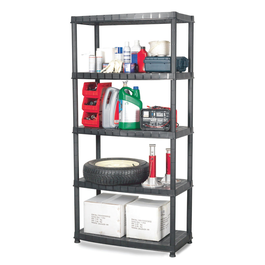 Ram Quality Products Deluxe 5 Tier Plastic Garage Storage Shelf Unit, Black-Furniture | Shelving | Bookcases & Standing Shelves-Grease Monkey Garage