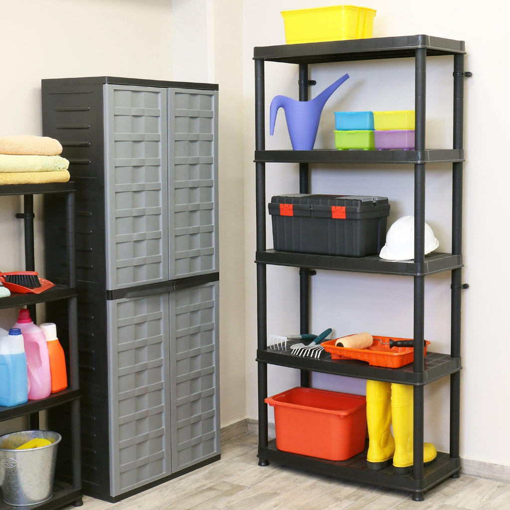 Ram Quality Products Deluxe 5 Tier Plastic Garage Storage Shelf Unit, Black-Furniture | Shelving | Bookcases & Standing Shelves-Grease Monkey Garage