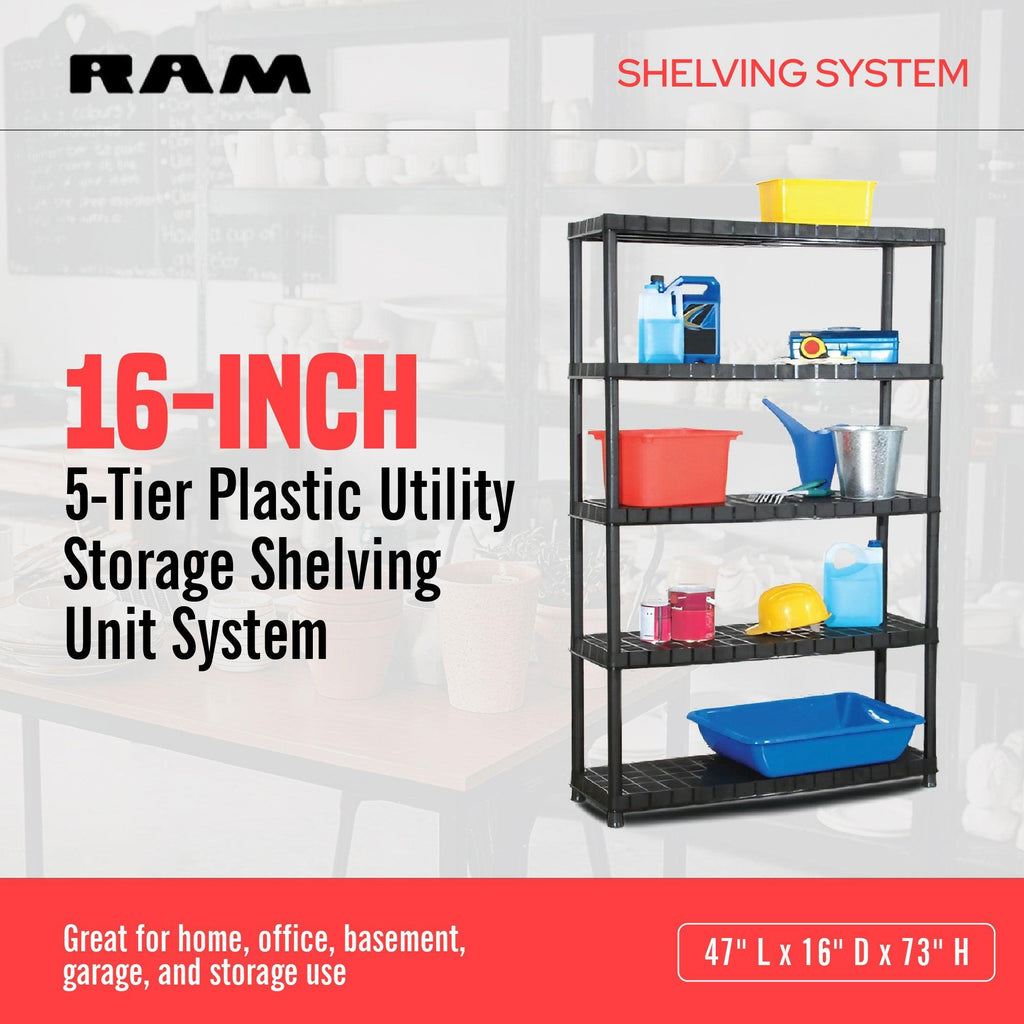 Ram Quality Products Extra 5 Tier Plastic Storage Shelf Unit for Garage, Black-Furniture | Shelving | Bookcases & Standing Shelves-Grease Monkey Garage