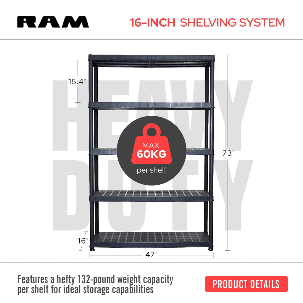 Ram Quality Products Extra 5 Tier Plastic Storage Shelf Unit for Garage, Black-Furniture | Shelving | Bookcases & Standing Shelves-Grease Monkey Garage