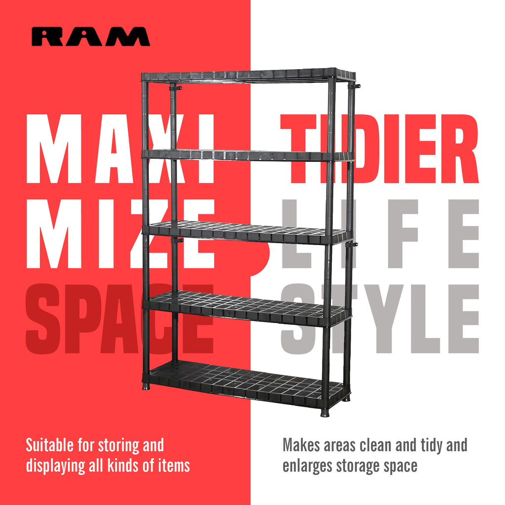 Ram Quality Products Extra 5 Tier Plastic Storage Shelf Unit for Garage, Black-Furniture | Shelving | Bookcases & Standing Shelves-Grease Monkey Garage