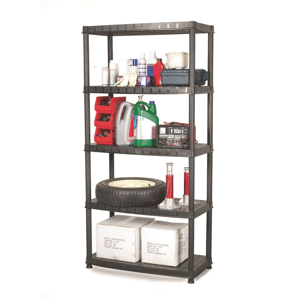 Ram Quality Products Optimo 16 inch 5 Tier Plastic Storage Shelves, Black-Furniture | Shelving | Bookcases & Standing Shelves-Grease Monkey Garage