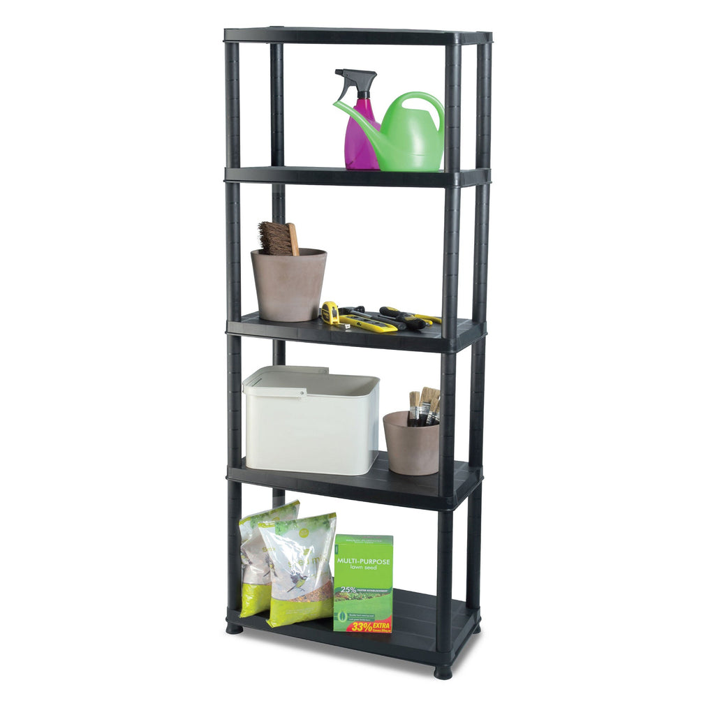 Ram Quality Products Platin 15 inch 5 Tier Plastic Storage Shelves, Black-Furniture | Shelving | Bookcases & Standing Shelves-Grease Monkey Garage