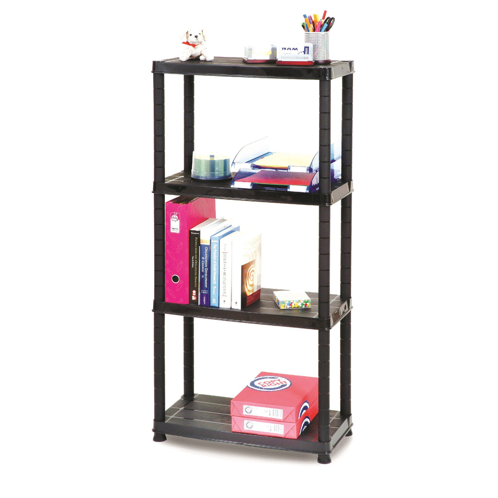 Ram Quality Products Primo 12 inch 4-Tier Plastic Storage Shelves, Black-*Furniture | Shelving | Bookcases & Standing Shelves-Grease Monkey Garage