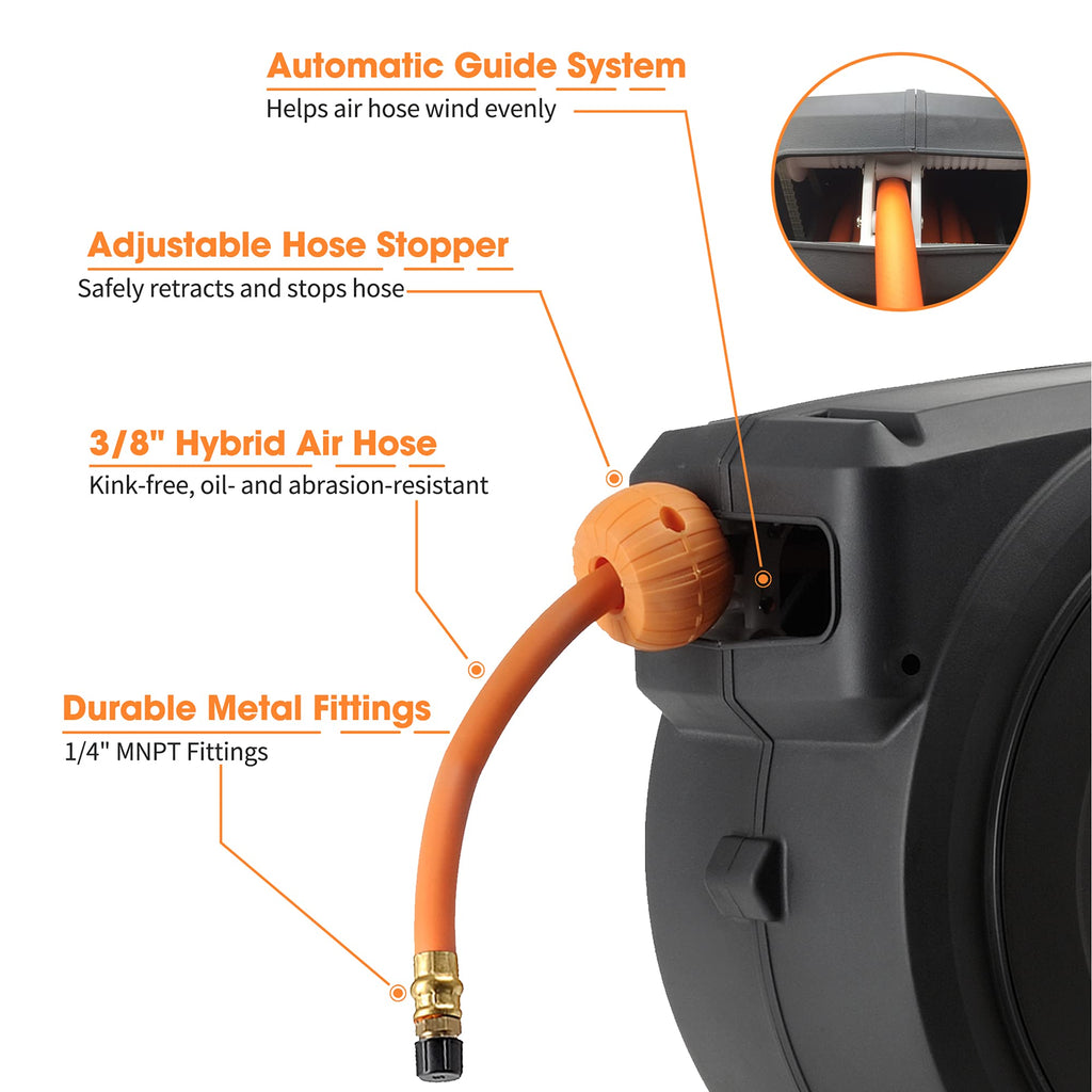 Retractable Air Hose Reel-PP Housing-3/8in-50ft-Retractable Air Hose Reel-Grease Monkey Garage